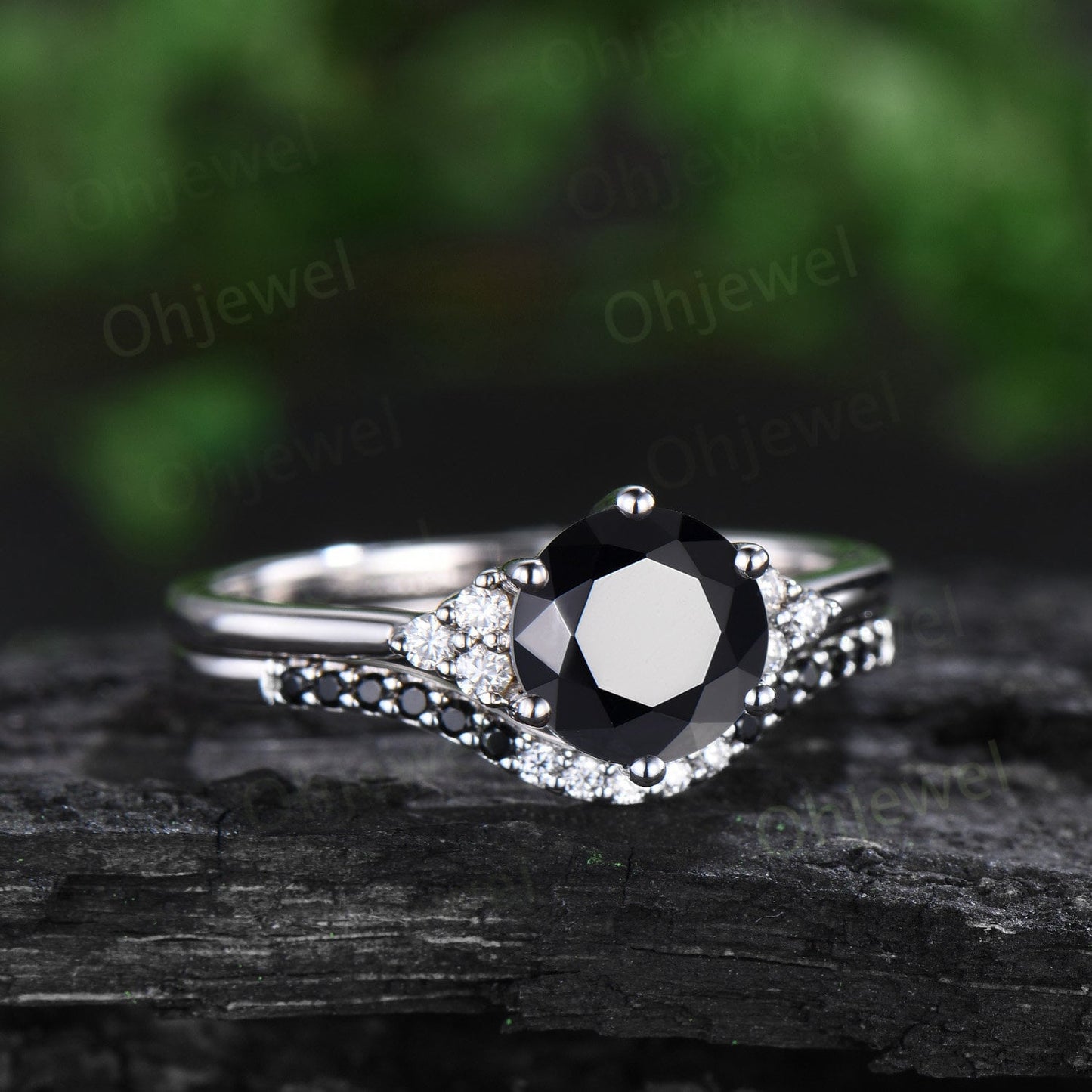 Round cut black onyx ring white gold black diamond ring 6 prong unique engagement ring women stacking wedding bridal ring set gemstone