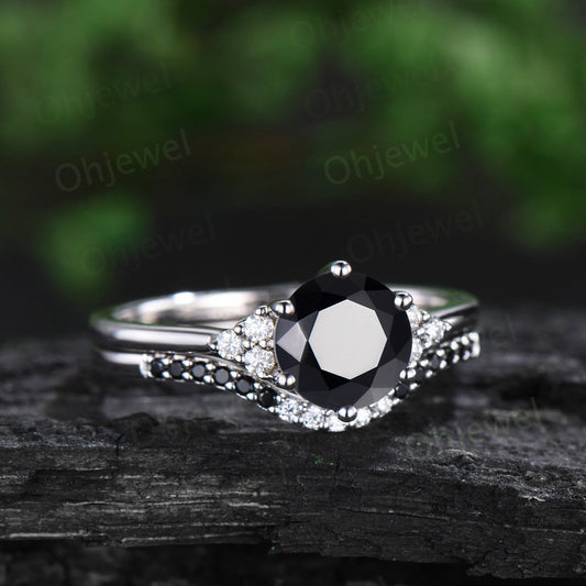 Round cut black onyx ring white gold black diamond ring 6 prong unique engagement ring women stacking wedding bridal ring set gemstone