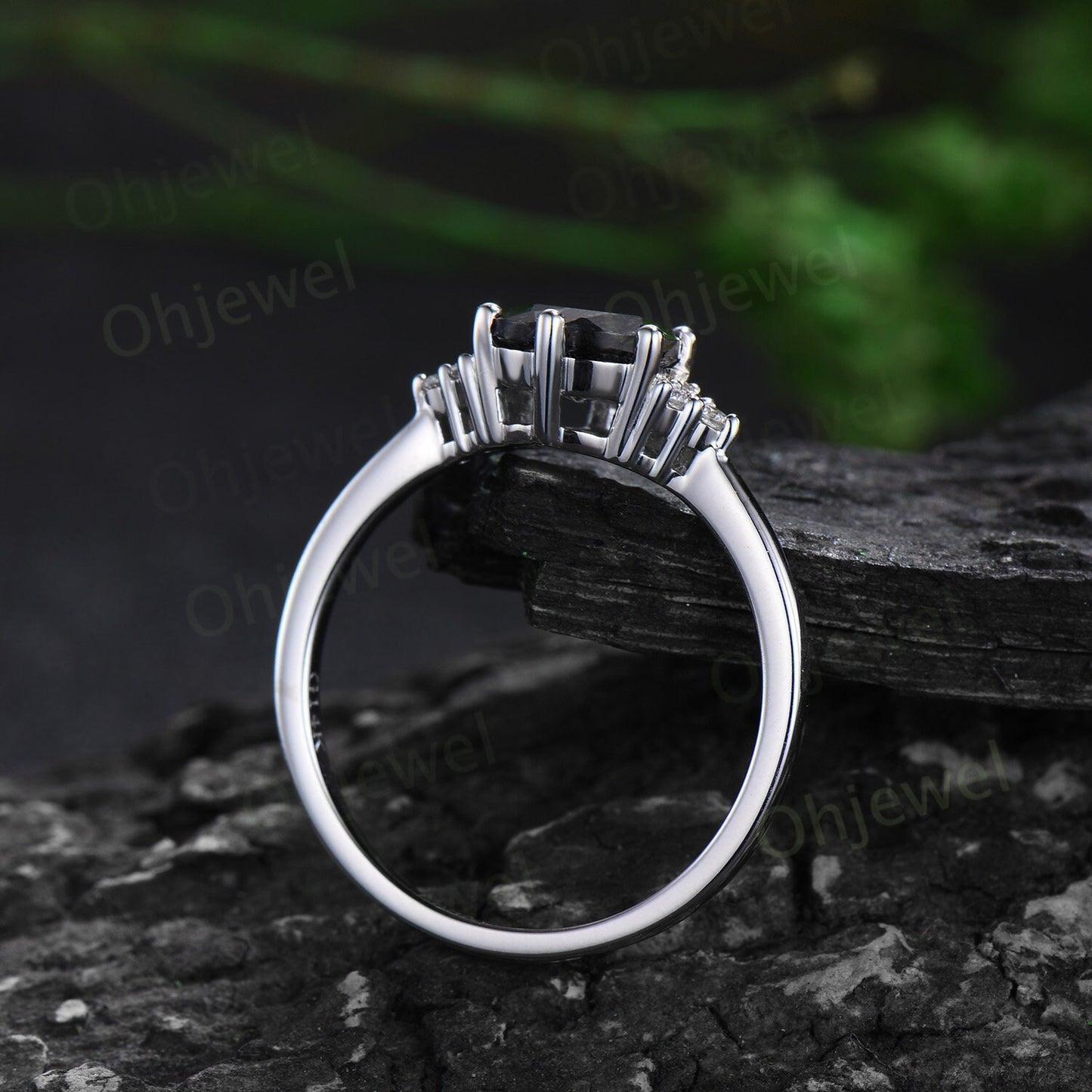 Round cut black onyx ring white gold black diamond ring 6 prong unique engagement ring women stacking wedding bridal ring set gemstone