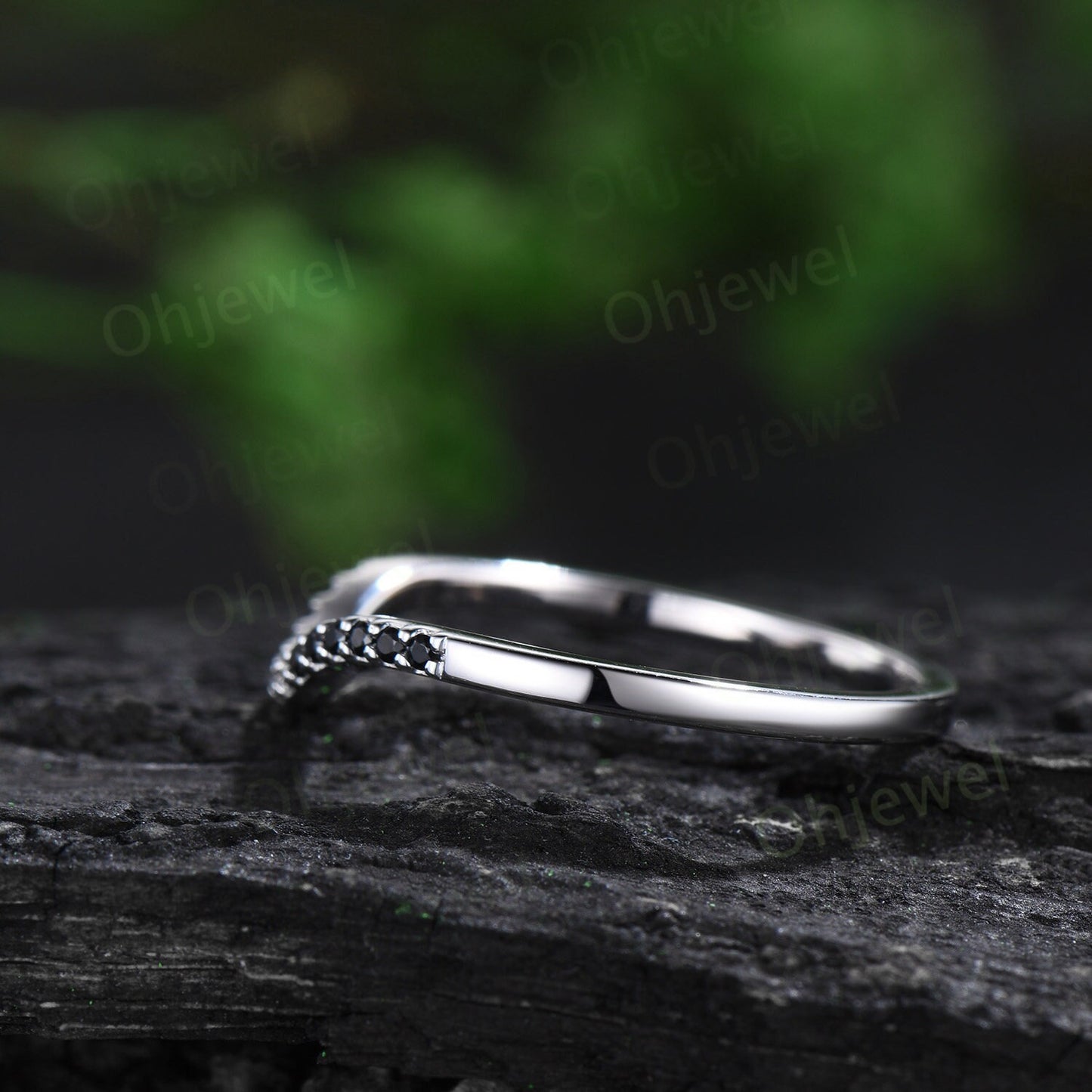 Curved black diamond wedding band solid 14k white gold stacking matching moissanite bridal anniversary ring women gift jewelry