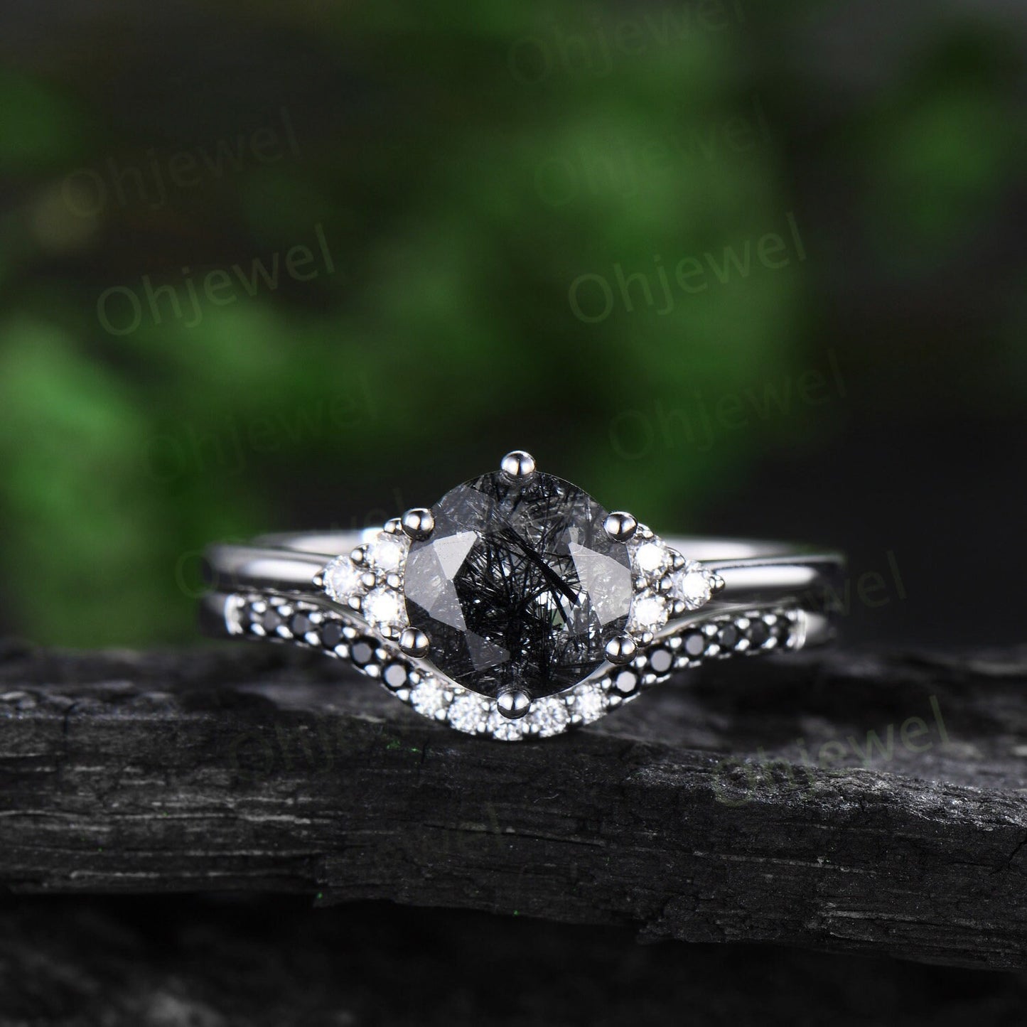 Curved black diamond wedding band solid 14k white gold stacking matching moissanite bridal anniversary ring women gift jewelry
