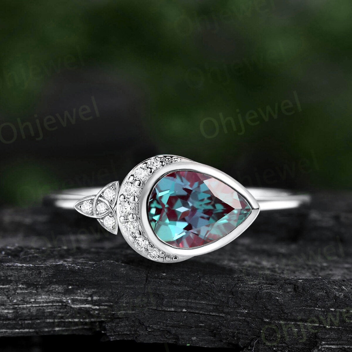 Pear shaped alexandrite ring vintage moon bezel unique engagement ring women solid 14k yellow gold celtic knot diamond anniversary ring gift