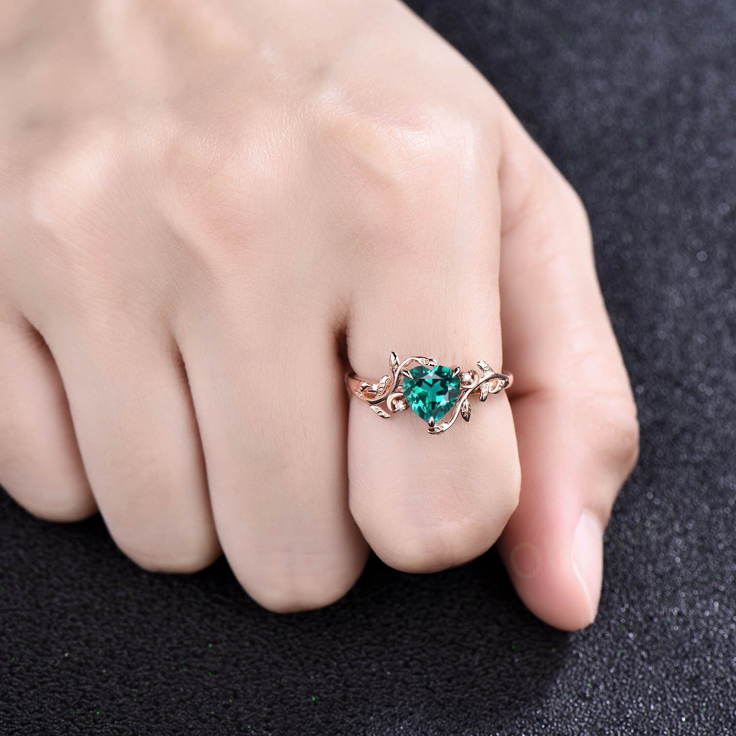 Vintage heart shaped green emerald engagement ring solid 14k rose gold three stone leaf moon diamond bridal wedding promise ring women gift
