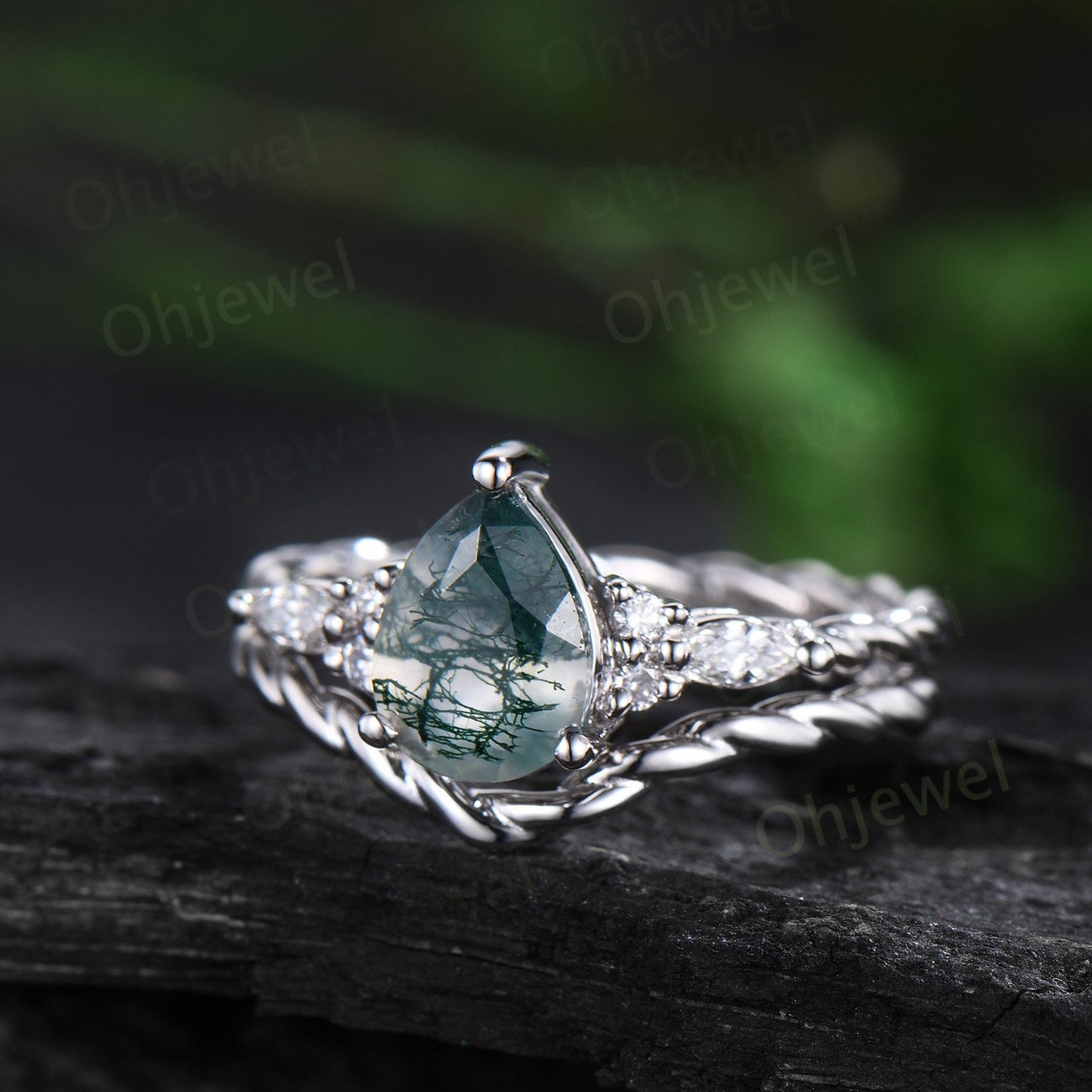 Vintage pear green moss agate ring white gold twisted unique engagement ring moisanite stacking wedding bridal ring set women gift