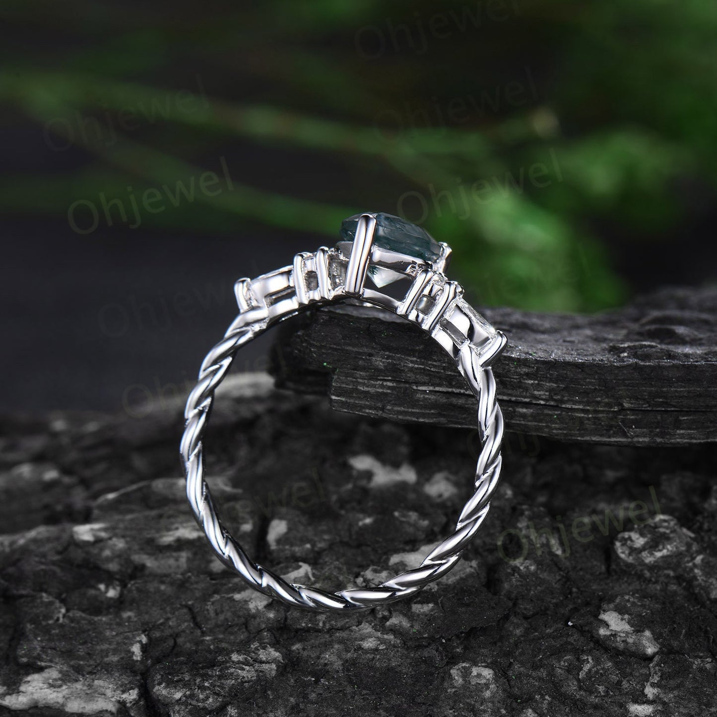 Vintage pear green moss agate ring white gold twisted unique engagement ring moisanite stacking wedding bridal ring set women gift