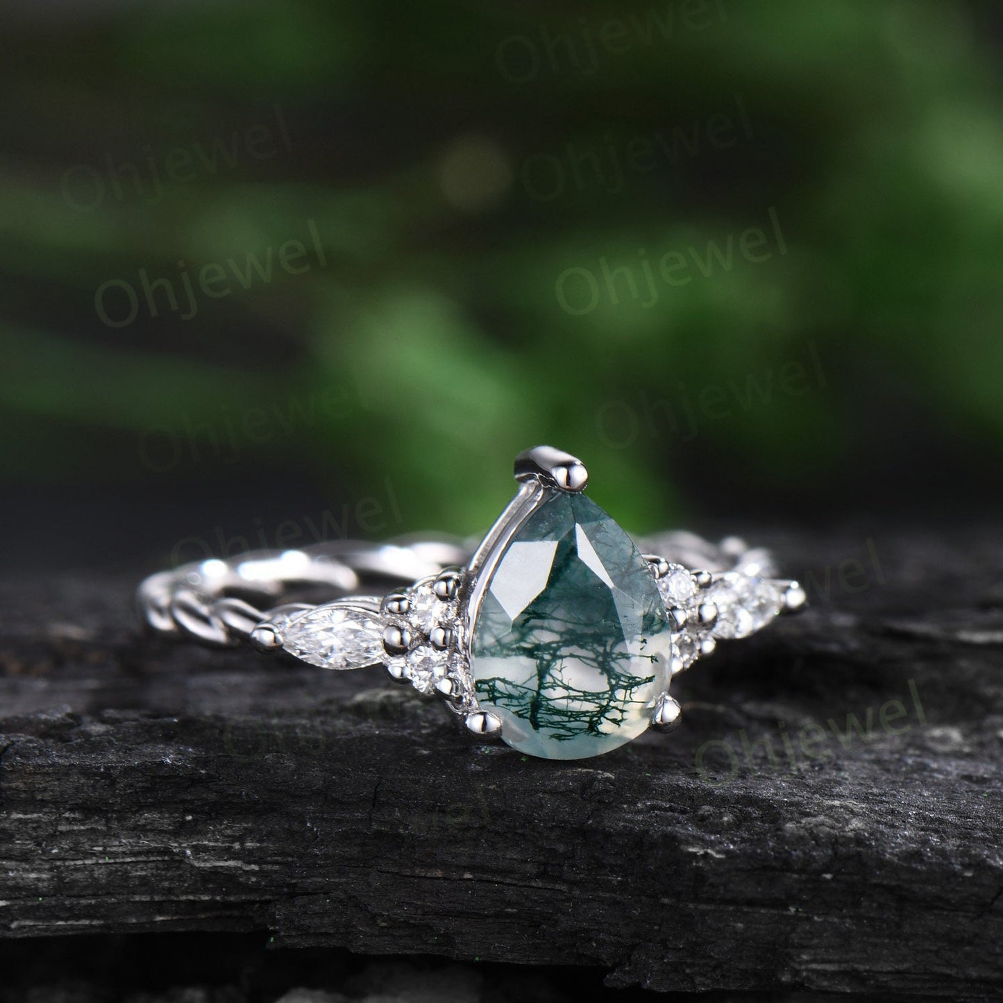 Vintage pear green moss agate ring white gold twisted unique engagement ring moisanite stacking wedding bridal ring set women gift