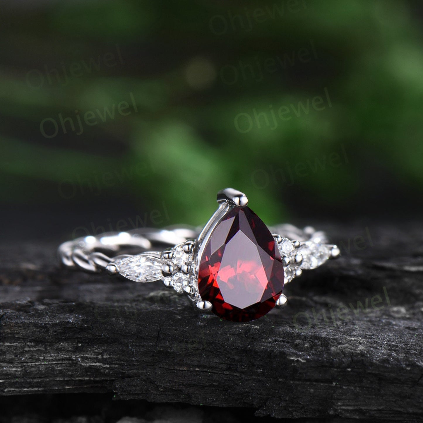 Vintage pear red garnet ring white gold twisted unique engagement ring moisanite stacking anniversary wedding bridal ring set women gift