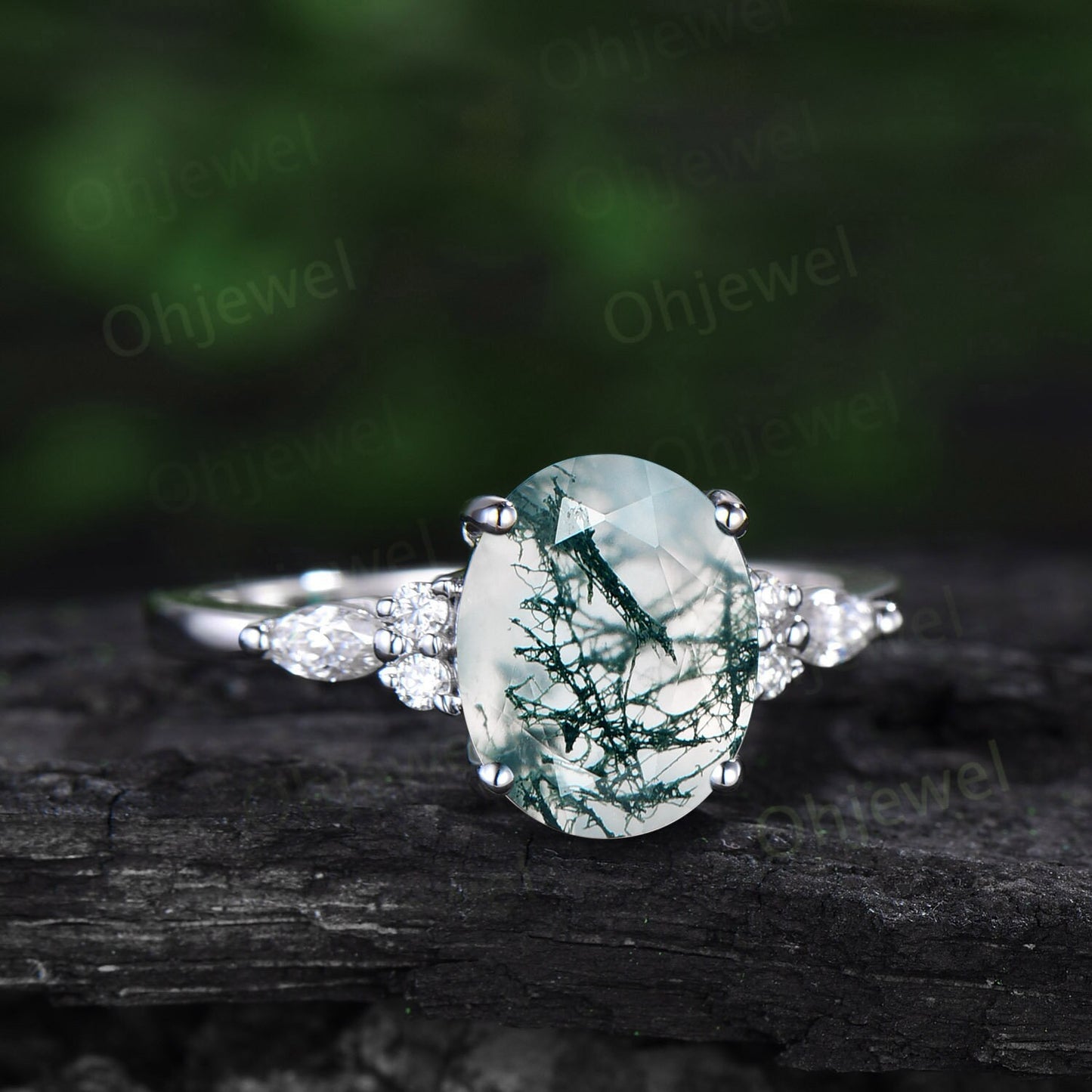8x10mm oval cut moss agate engagement ring set solid 14k yellow gold art deco diamond ring vintage moon Celtic knot wedding ring set women
