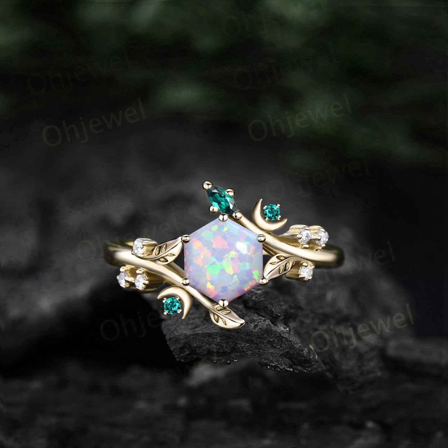 Hexagon white opal ring vintage rose gold leaf moon unique engagement ring women Nature inspired amethyst diamond anniversary ring gift