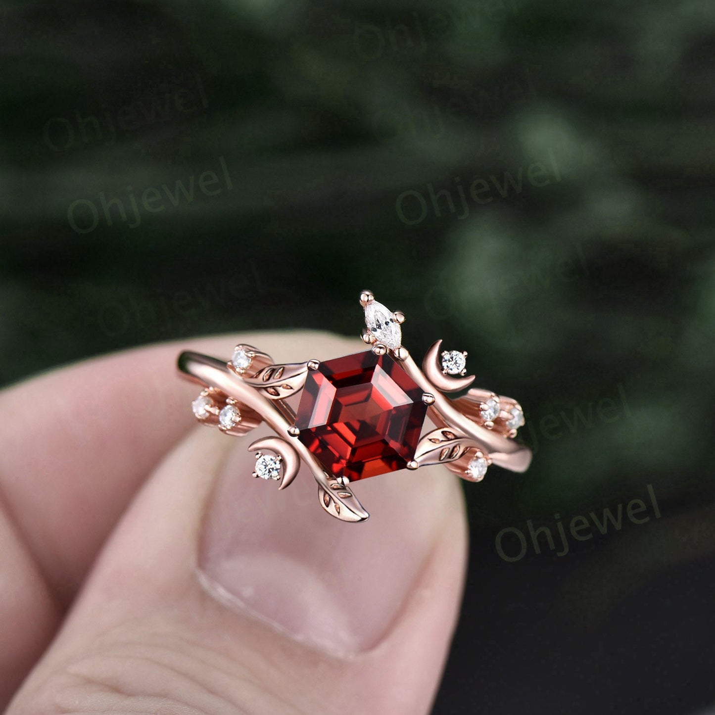 Hexagon cut red garnet ring vintage rose gold leaf moon unique engagement ring women twig Nature inspired diamond anniversary ring gift