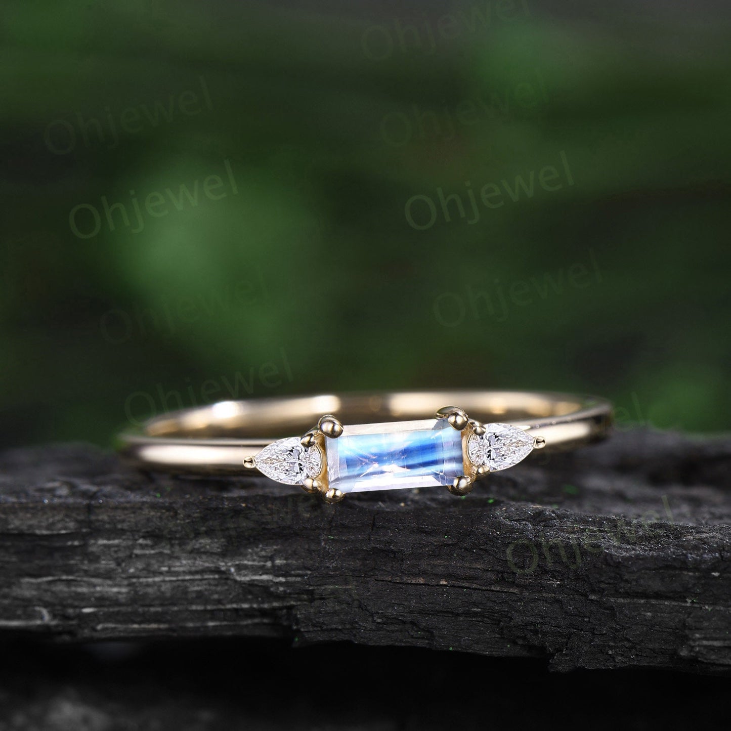 Dainty Baguette cut moonstone ring vintage three stone pear opal ring solid 14k rose gold unique engagement ring women anniversary ring gift