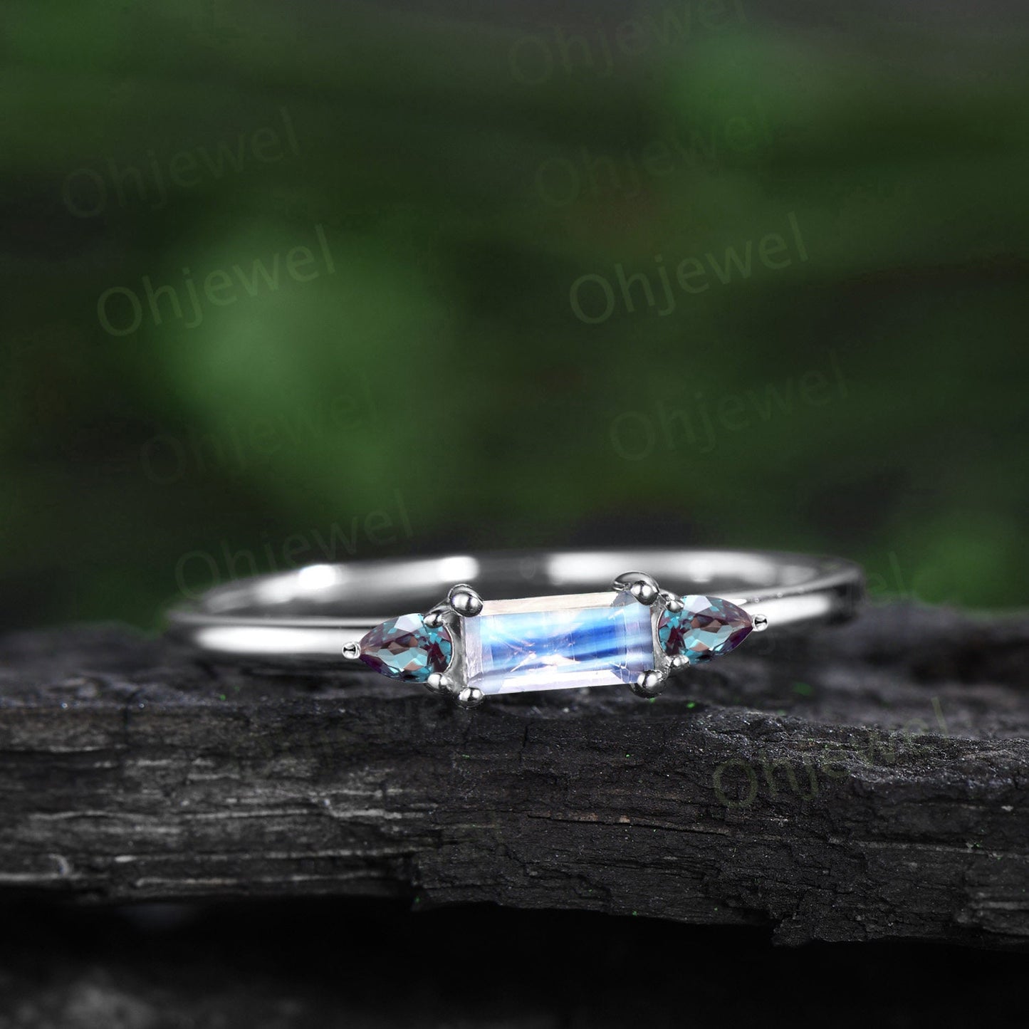 Dainty Baguette cut moonstone ring vintage three stone pear opal ring solid 14k rose gold unique engagement ring women anniversary ring gift