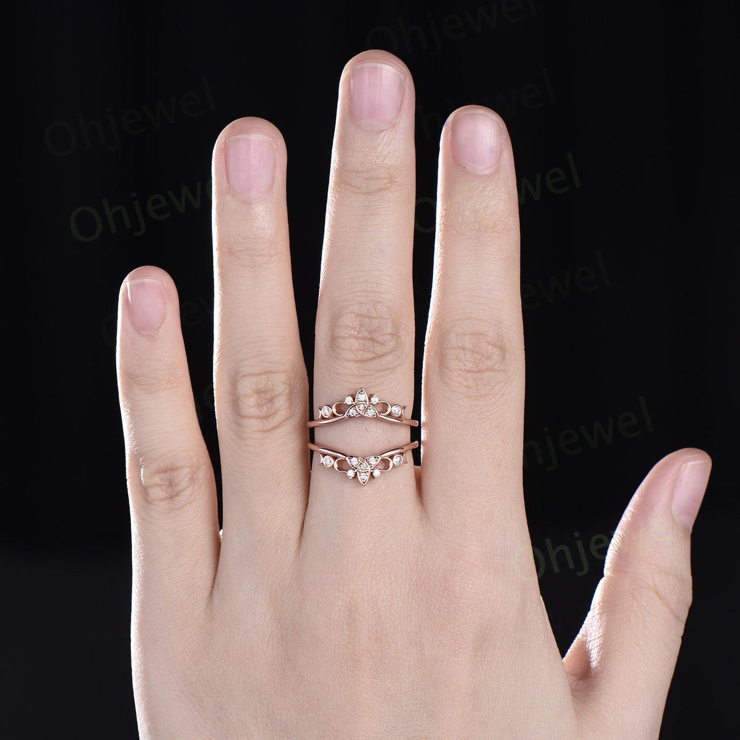 Celtic knot diamond wedding band enhancer solid 14k rose gold vintage bezel moon cluster stacking bridal ring women anniversary gift