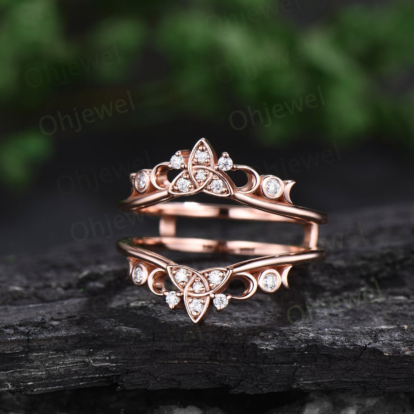 Celtic knot diamond wedding band enhancer solid 14k rose gold vintage bezel moon cluster stacking bridal ring women anniversary gift