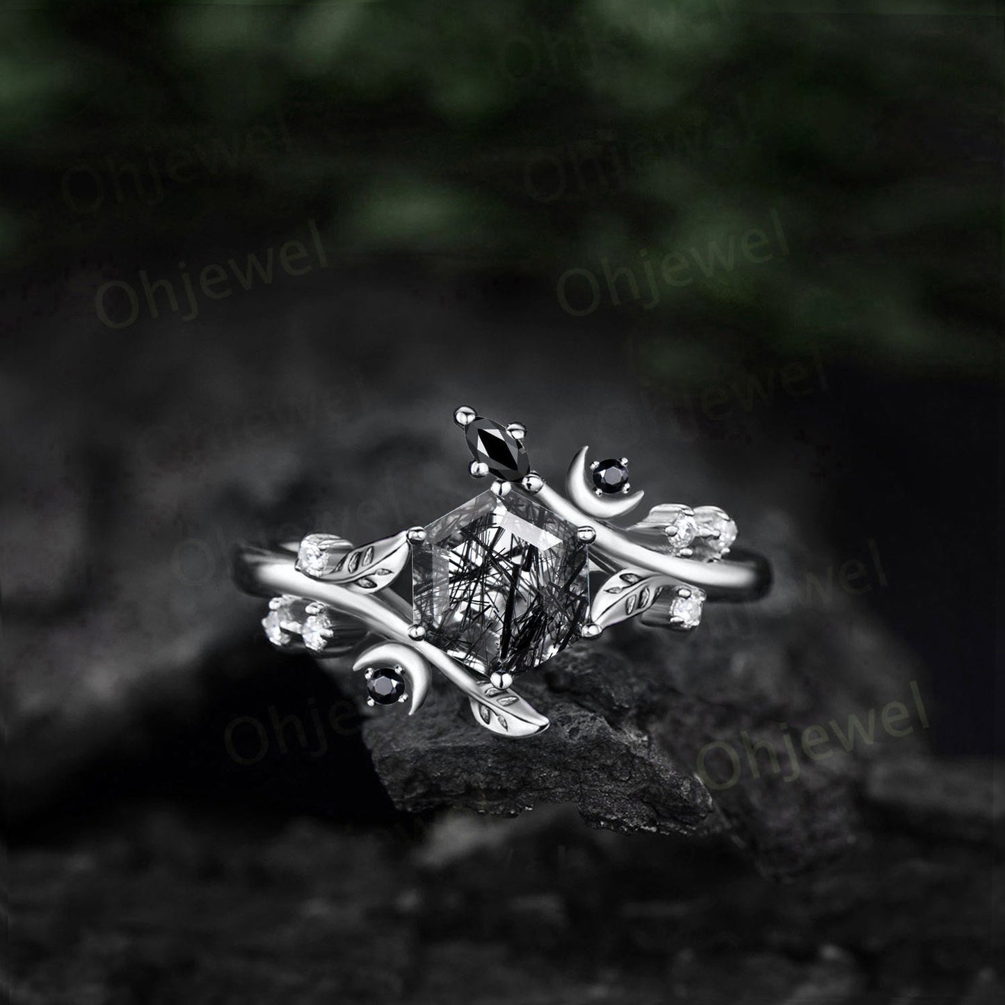 Hexagon cut black rutilated quartz ring vintage yellow gold leaf moon unique engagement ring women diamond wedding anniversary ring gift
