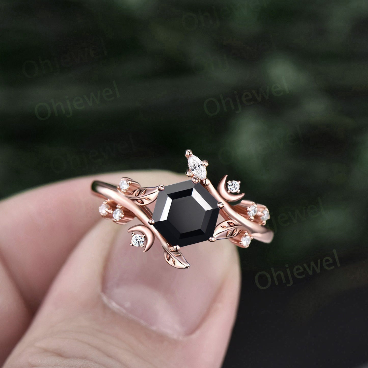 Hexagon cut black onyx ring vintage solid 14k yellow gold leaf moon unique engagement ring women diamond wedding anniversary ring gift