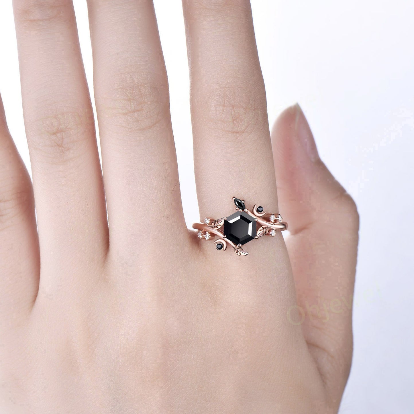 Hexagon cut black onyx ring vintage solid 14k yellow gold leaf moon unique engagement ring women diamond wedding anniversary ring gift