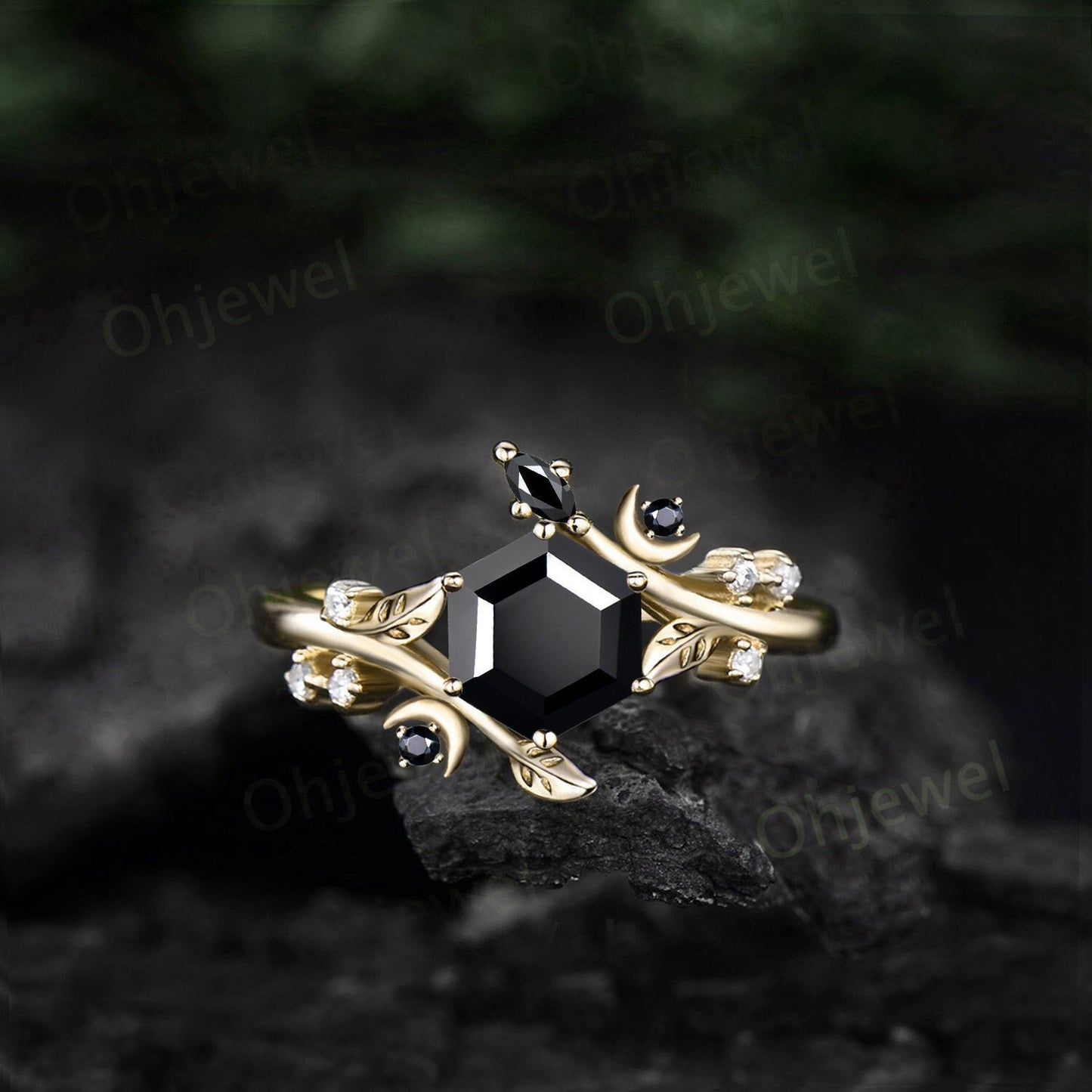 Hexagon cut black onyx ring vintage solid 14k yellow gold leaf moon unique engagement ring women diamond wedding anniversary ring gift