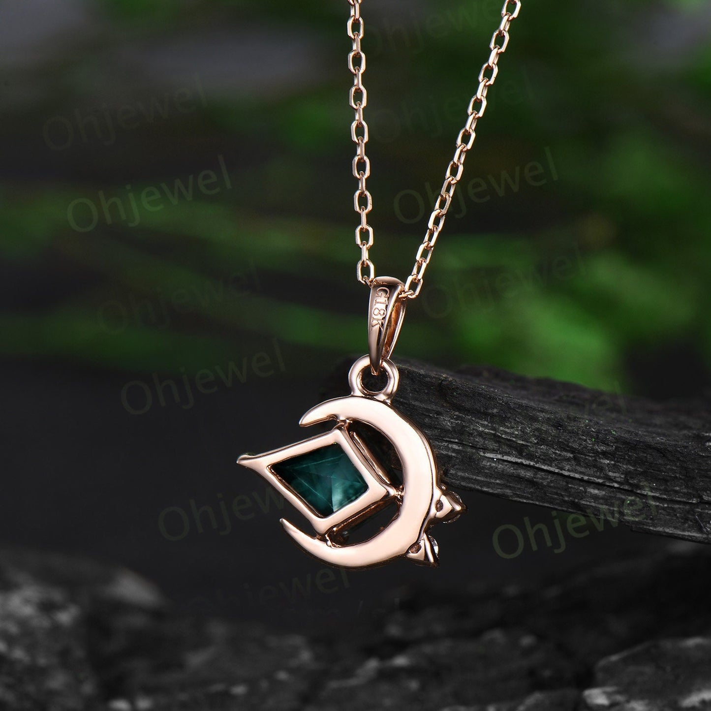 Moon kite cut green emerald necklace solid 14k rose gold Personalized unique cluster diamond Pendant for women gemstone anniversary gift