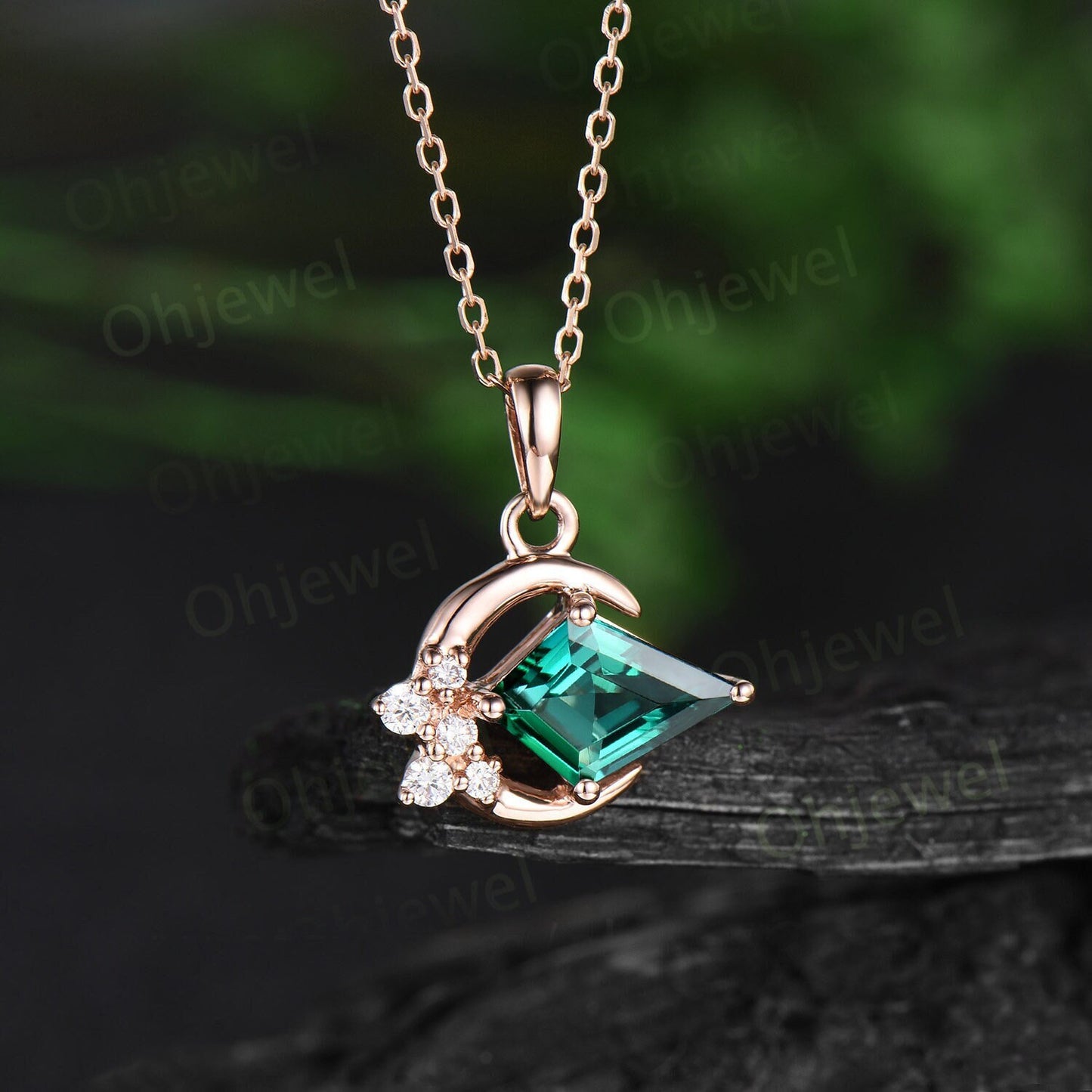 Moon kite cut green emerald necklace solid 14k rose gold Personalized unique cluster diamond Pendant for women gemstone anniversary gift