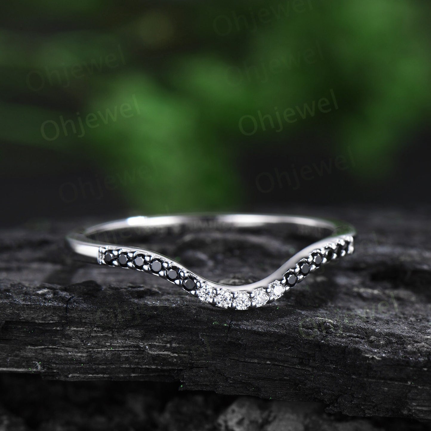 Curved black diamond wedding band solid 14k white gold stacking matching moissanite bridal anniversary ring women gift jewelry