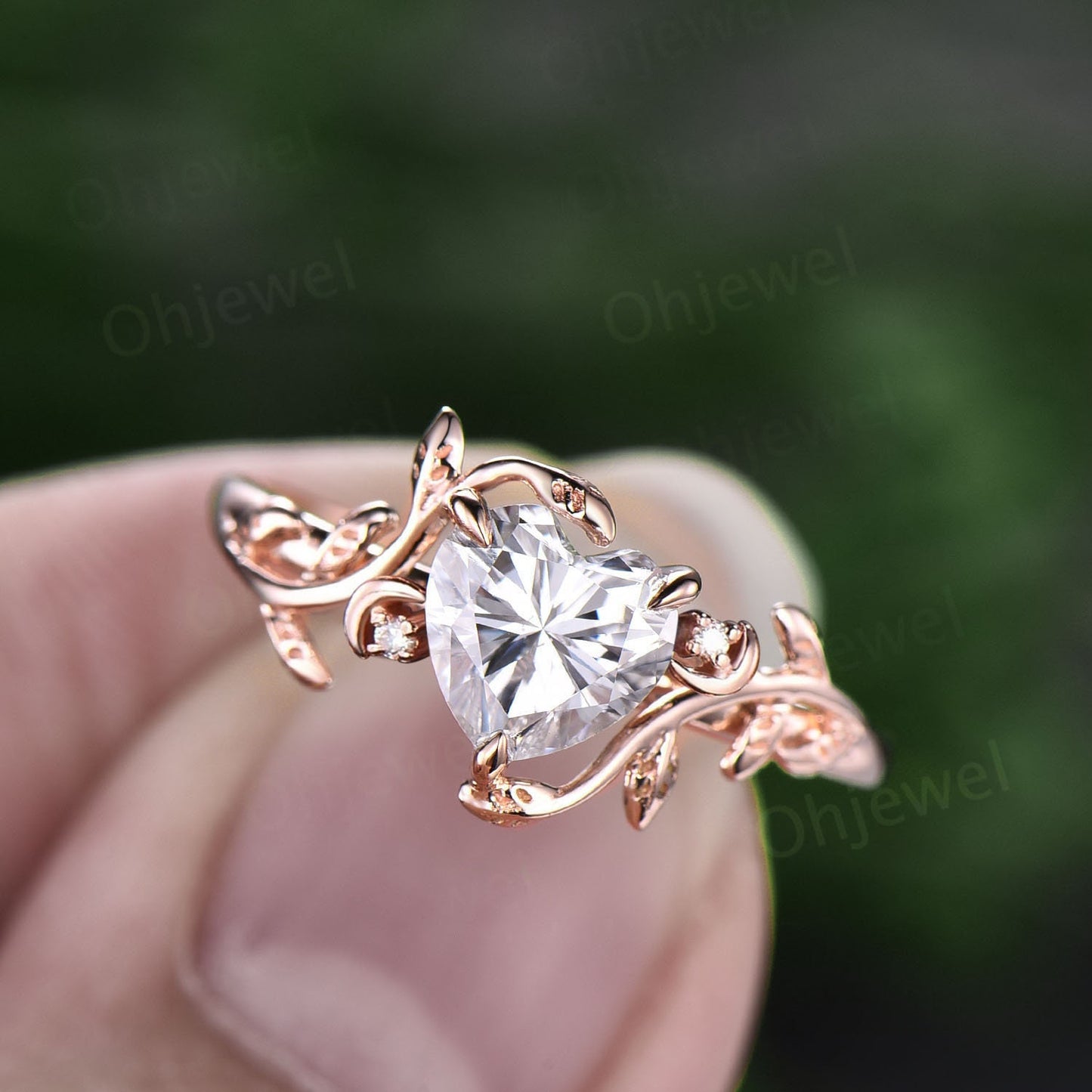 Vintage heart shaped moissanite engagement ring solid 14k rose gold three stone leaf moon diamond bridal wedding promise ring women gift