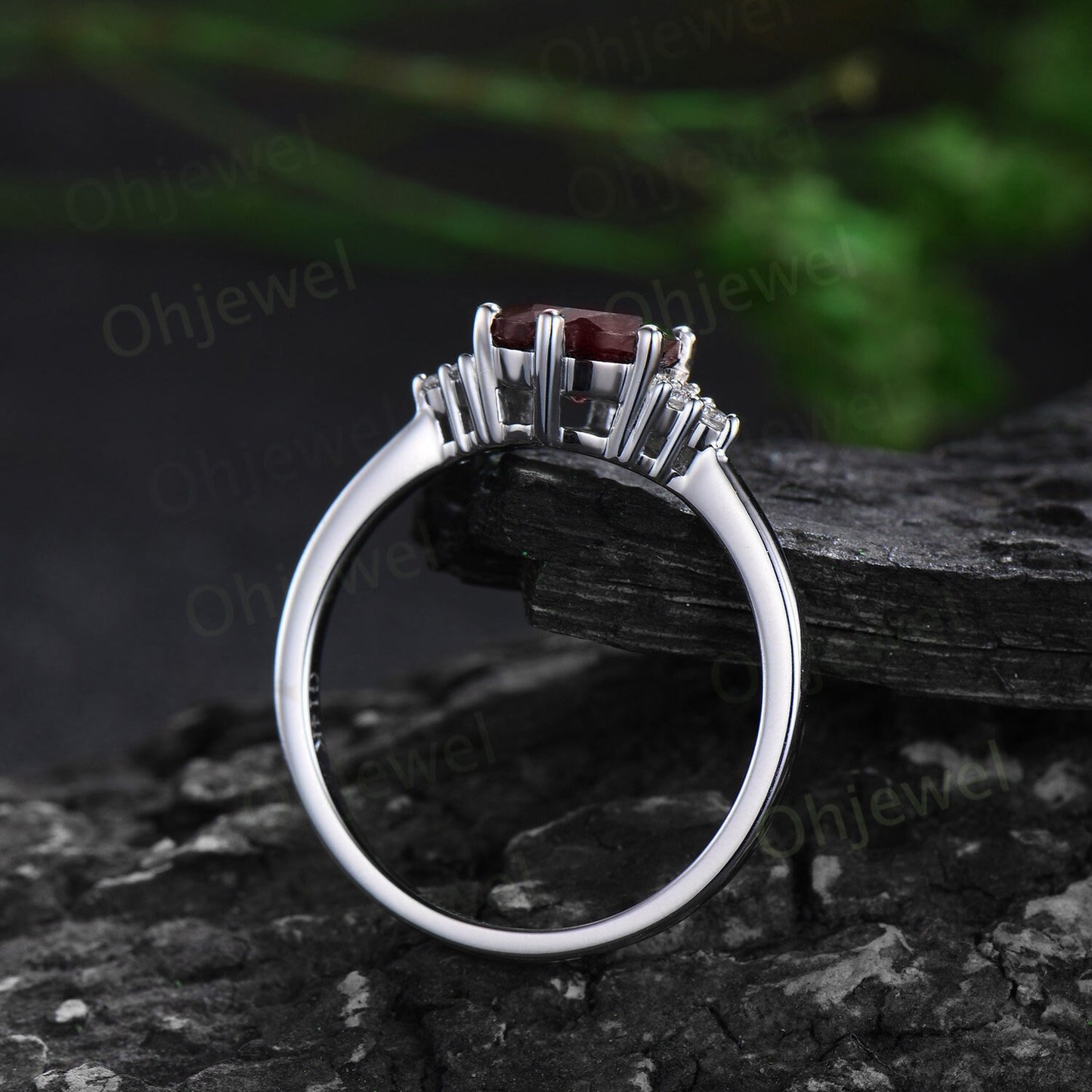 Round cut red garnet ring white gold black diamond ring 6 prong unique engagement ring women gemstone stacking wedding bridal ring set