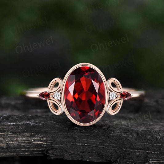 Oval red garnet ring vintage rose gold bezel unique engagement ring art deco five stone bridal wedding anniversary ring gift for women