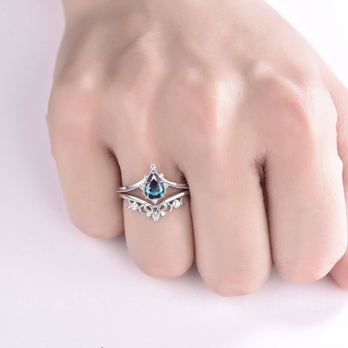 Vintage pear shaped alexandrite engagement ring solid 14k white gold moon Milgrain cluster diamond bridal wedding ring set women jewelry
