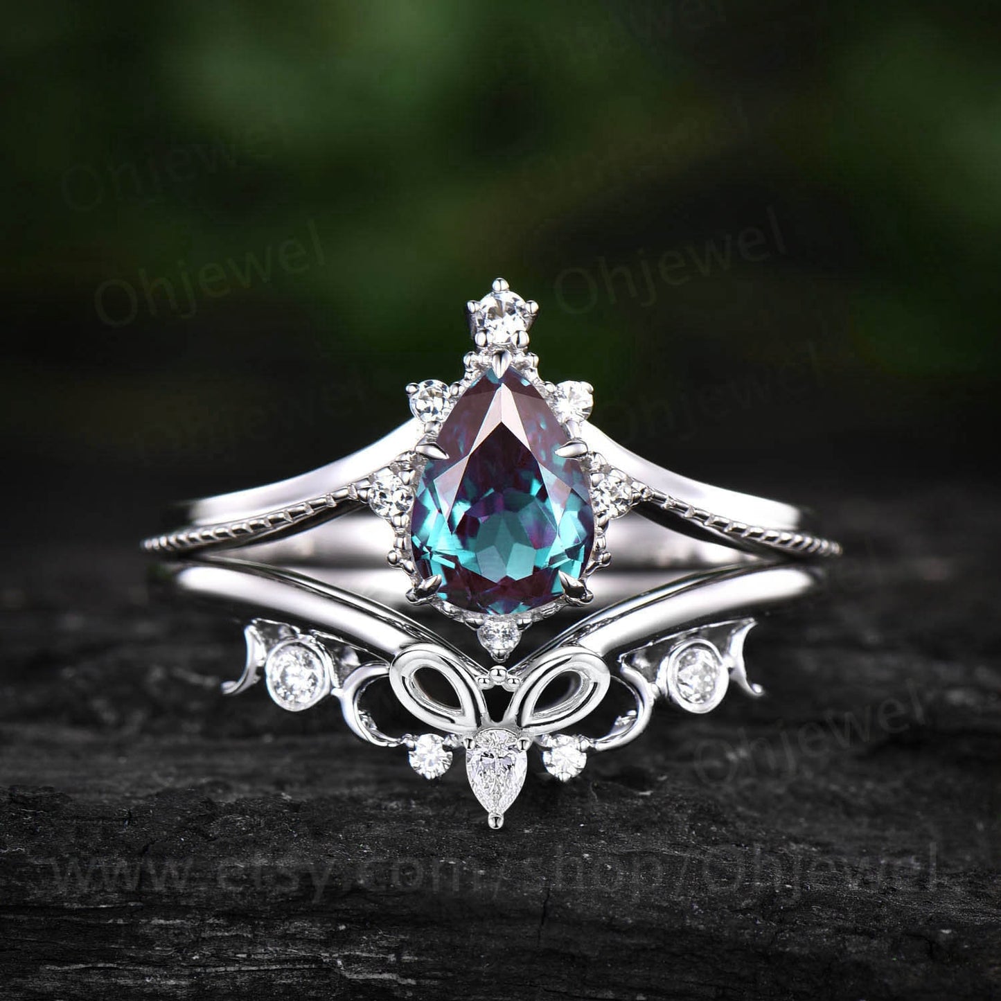 Vintage pear shaped alexandrite engagement ring solid 14k white gold moon Milgrain cluster diamond bridal wedding ring set women jewelry