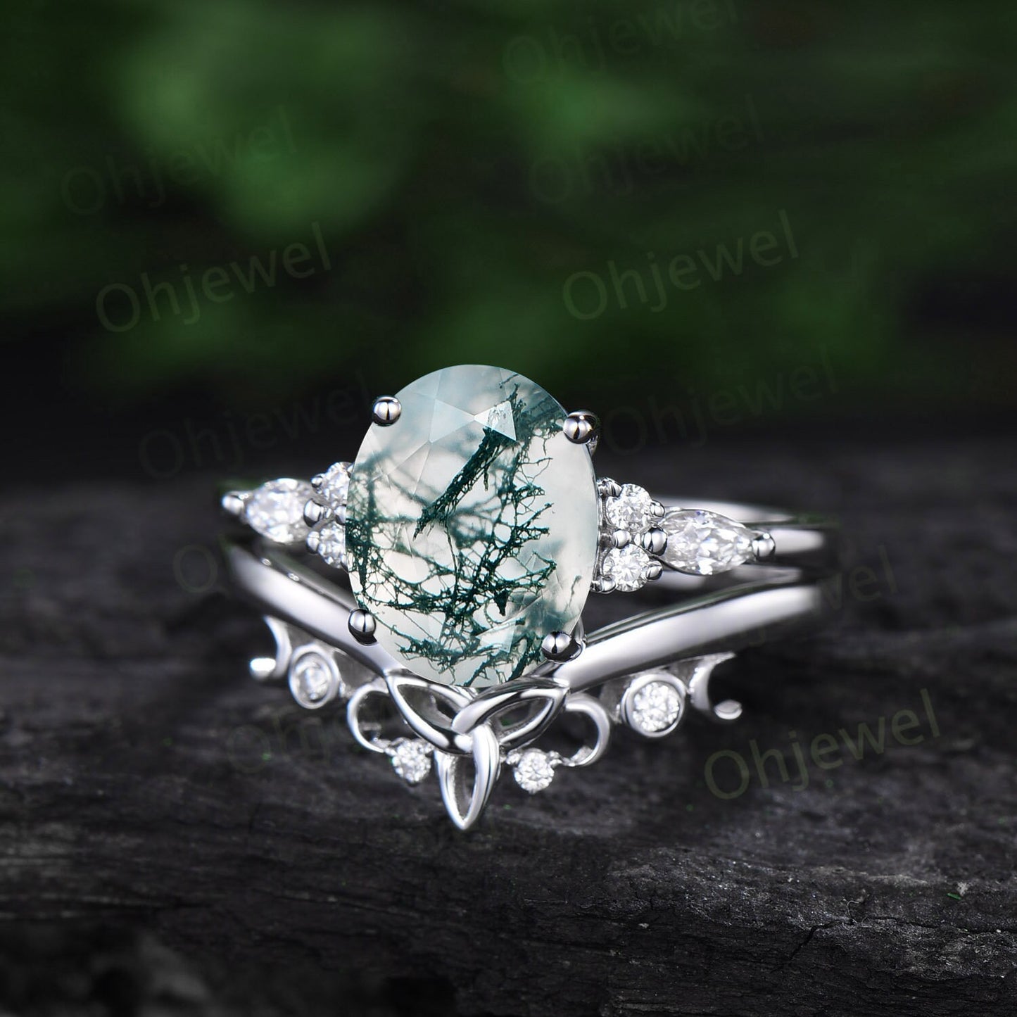 8x10mm oval cut moss agate engagement ring set solid 14k yellow gold art deco diamond ring vintage moon Celtic knot wedding ring set women