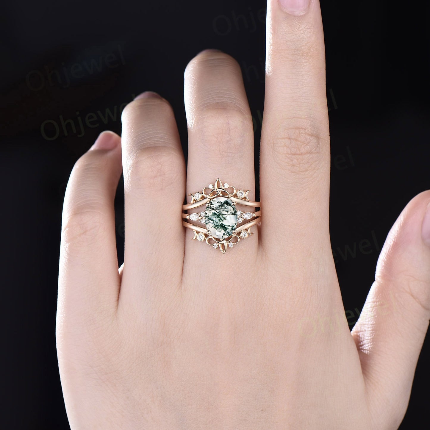 8x10mm oval cut moss agate engagement ring set solid 14k yellow gold art deco diamond ring vintage moon Celtic knot wedding ring set women