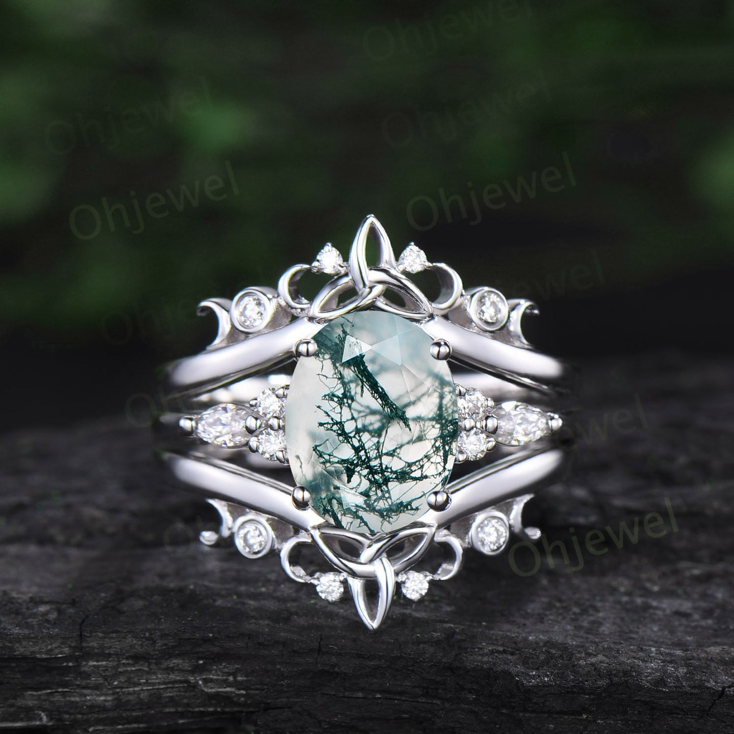 8x10mm oval cut moss agate engagement ring set solid 14k yellow gold art deco diamond ring vintage moon Celtic knot wedding ring set women