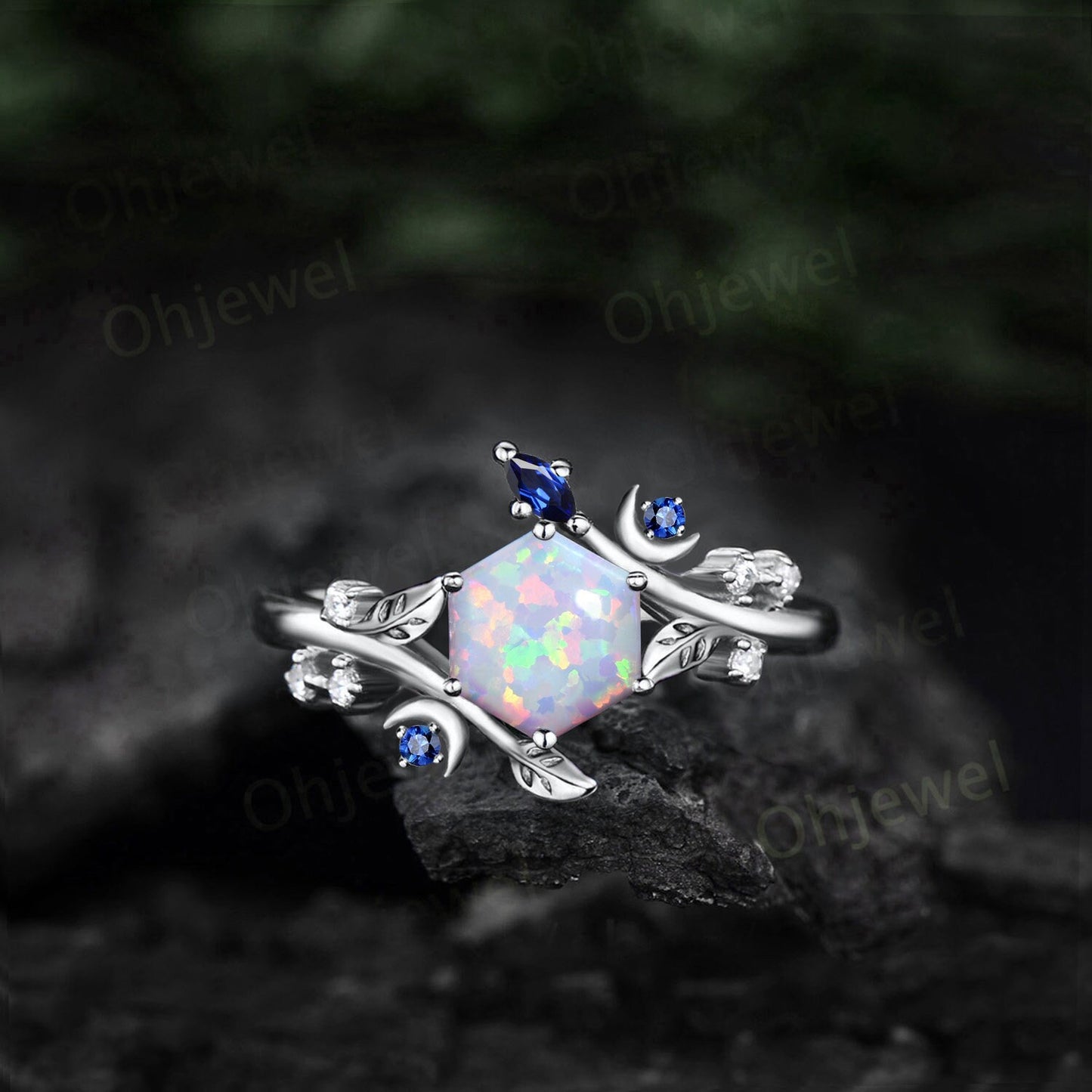 Hexagon white opal ring vintage rose gold leaf moon unique engagement ring women Nature inspired amethyst diamond anniversary ring gift