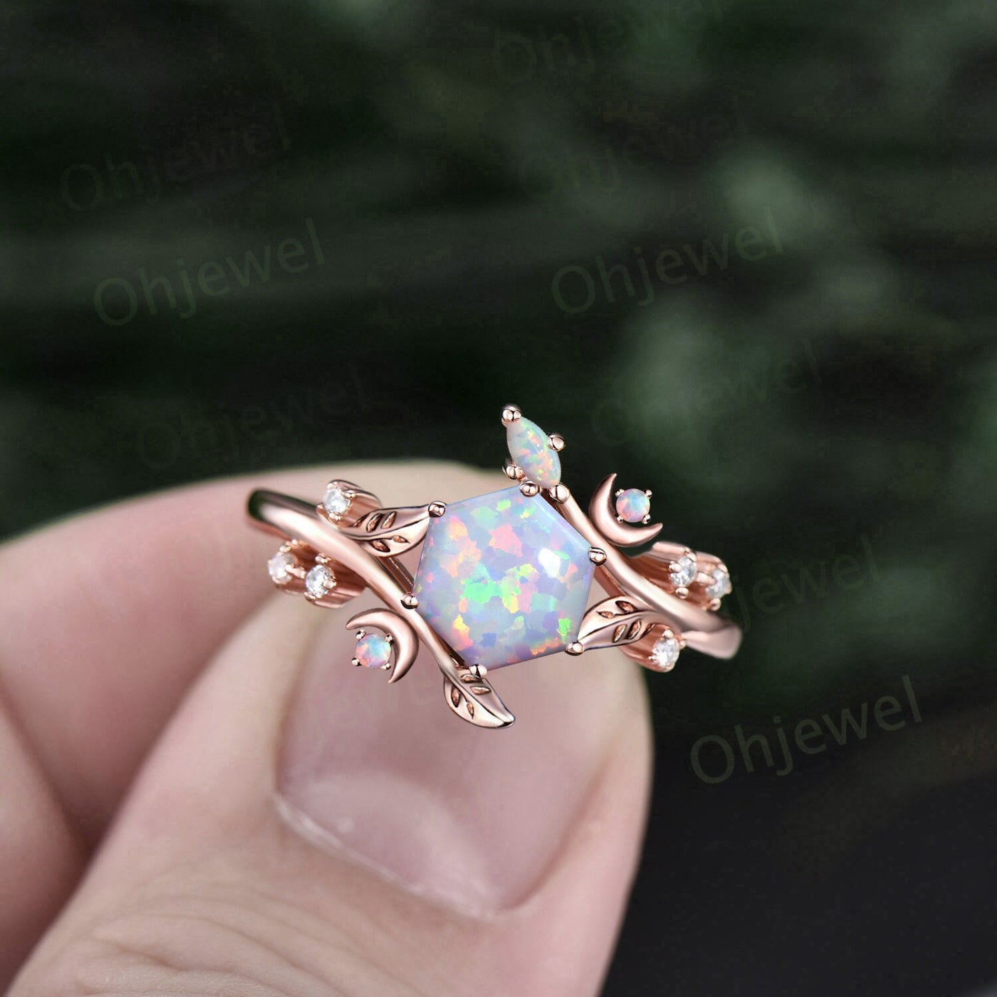 Hexagon white opal ring vintage rose gold leaf moon unique engagement ring women Nature inspired amethyst diamond anniversary ring gift