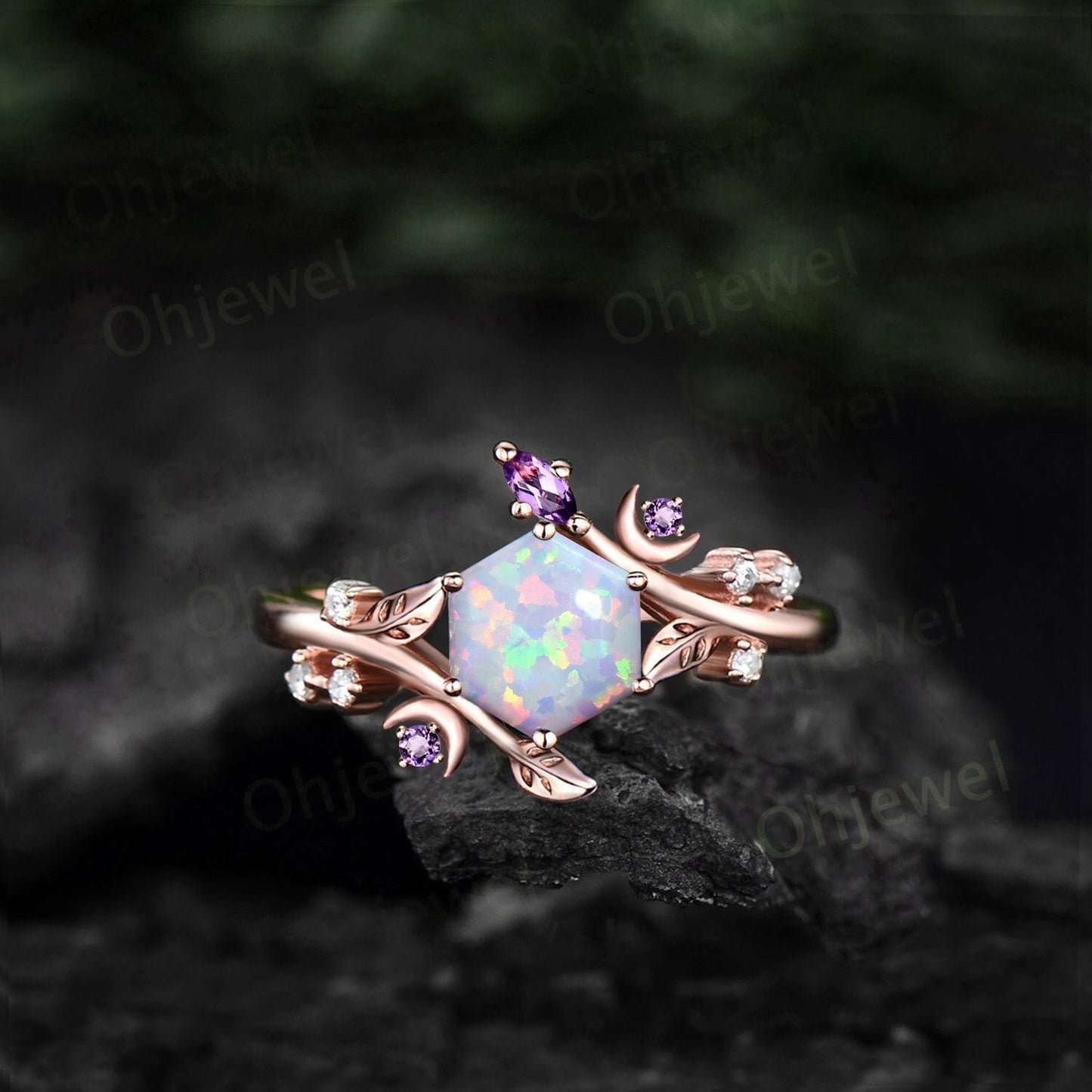 Hexagon white opal ring vintage rose gold leaf moon unique engagement ring women Nature inspired amethyst diamond anniversary ring gift