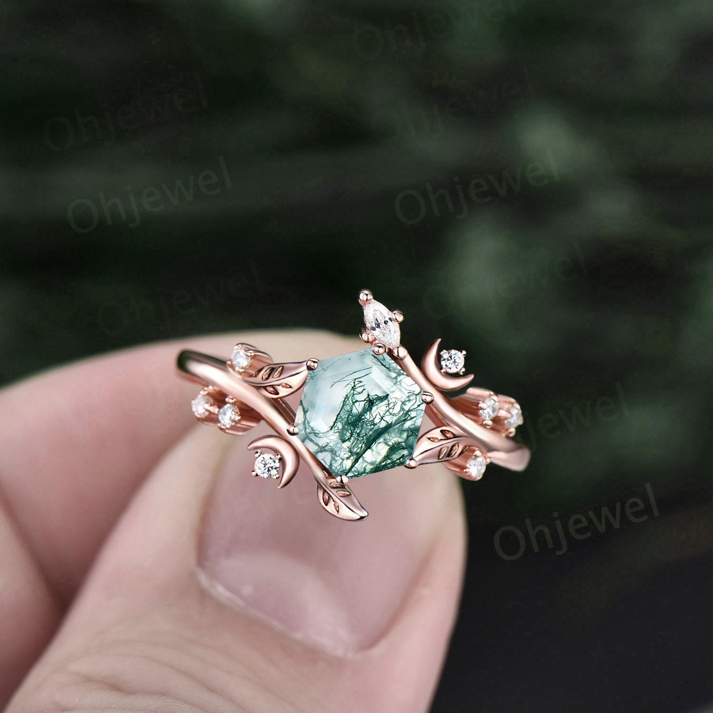 Hexagon cut green moss agate ring vintage yellow gold leaf moon unique engagement ring women emerald diamond wedding anniversary ring gift