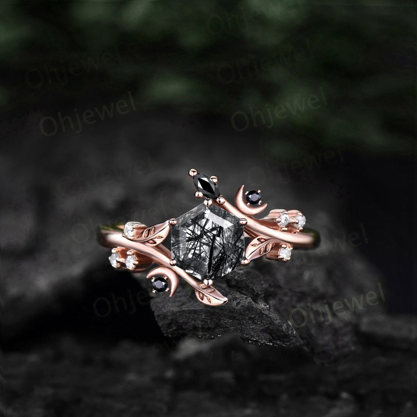 Hexagon cut black rutilated quartz ring vintage yellow gold leaf moon unique engagement ring women diamond wedding anniversary ring gift
