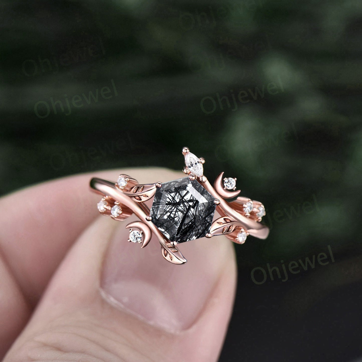 Hexagon cut black rutilated quartz ring vintage yellow gold leaf moon unique engagement ring women diamond wedding anniversary ring gift