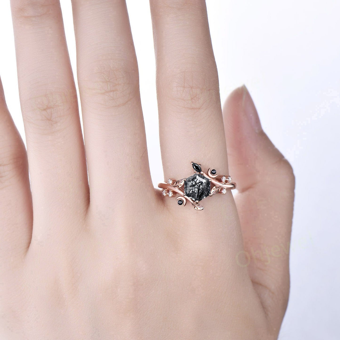 Hexagon cut black rutilated quartz ring vintage yellow gold leaf moon unique engagement ring women diamond wedding anniversary ring gift