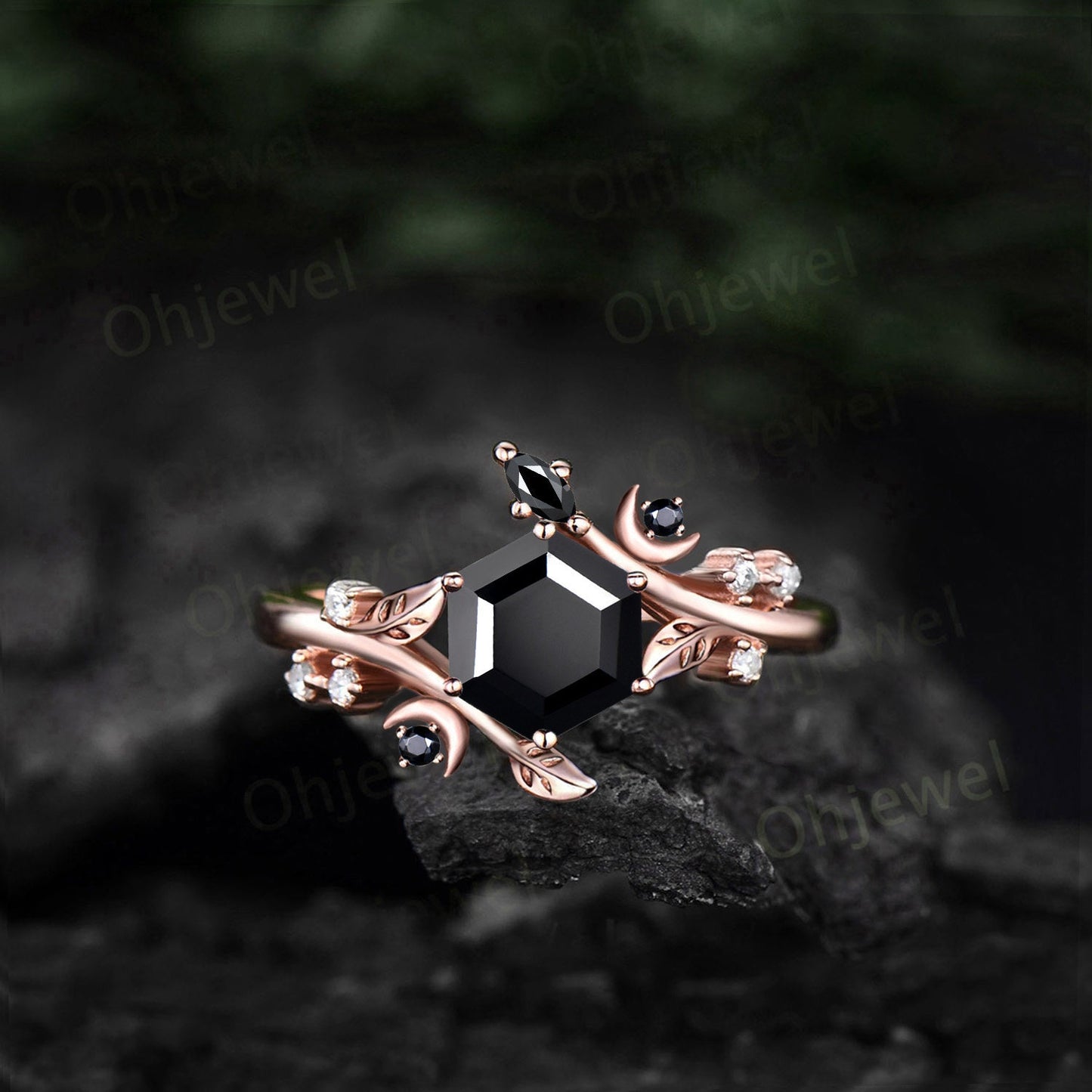 Hexagon cut black onyx ring vintage solid 14k yellow gold leaf moon unique engagement ring women diamond wedding anniversary ring gift