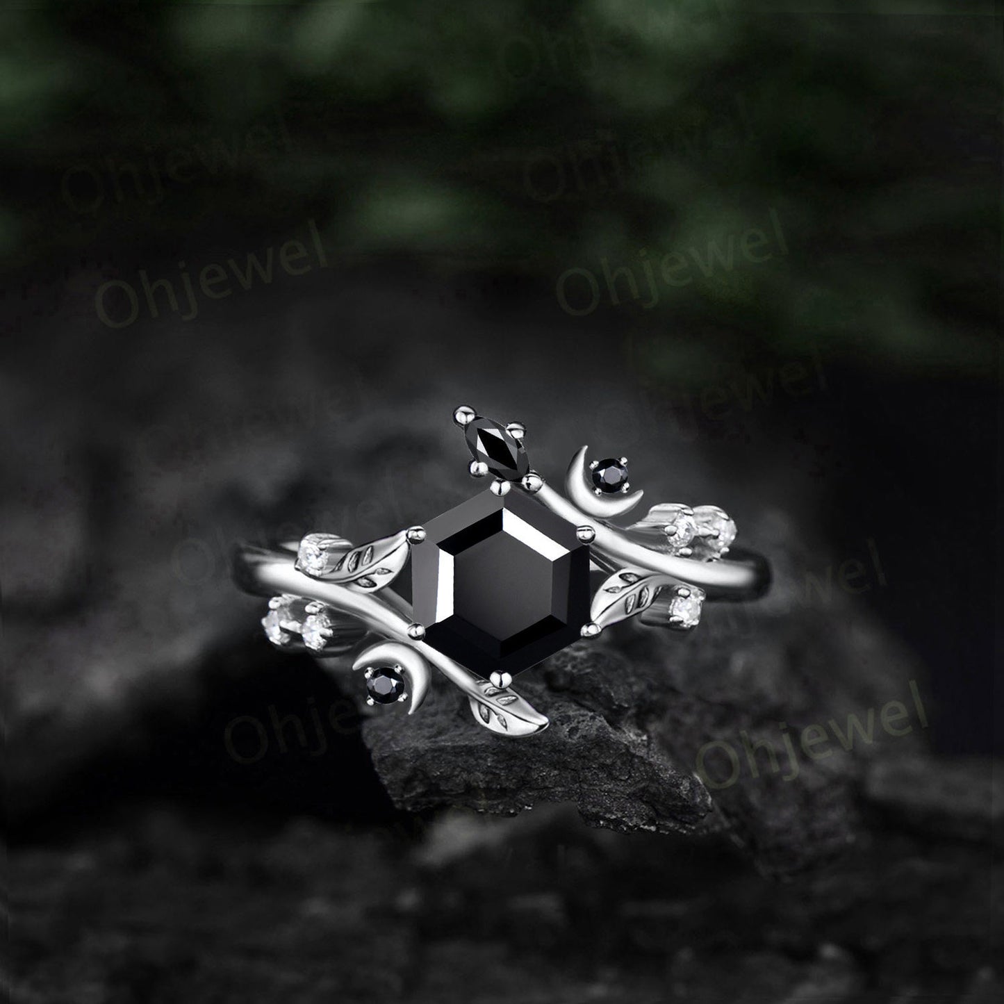 Hexagon cut black onyx ring vintage solid 14k yellow gold leaf moon unique engagement ring women diamond wedding anniversary ring gift