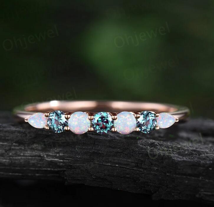Custom order for Aadam Bhatti-6x8mm oval alexandrite ring diamond ring with 18k white +Dainty round opal alexandrite wedding band with 925 sterling silver