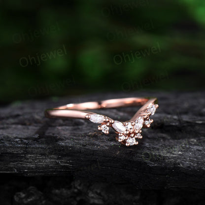 Cluster Alexandrite wedding band solid 14k rose gold moonstone moissanite wedding ring band marquise June birthstone ring Personalized gift