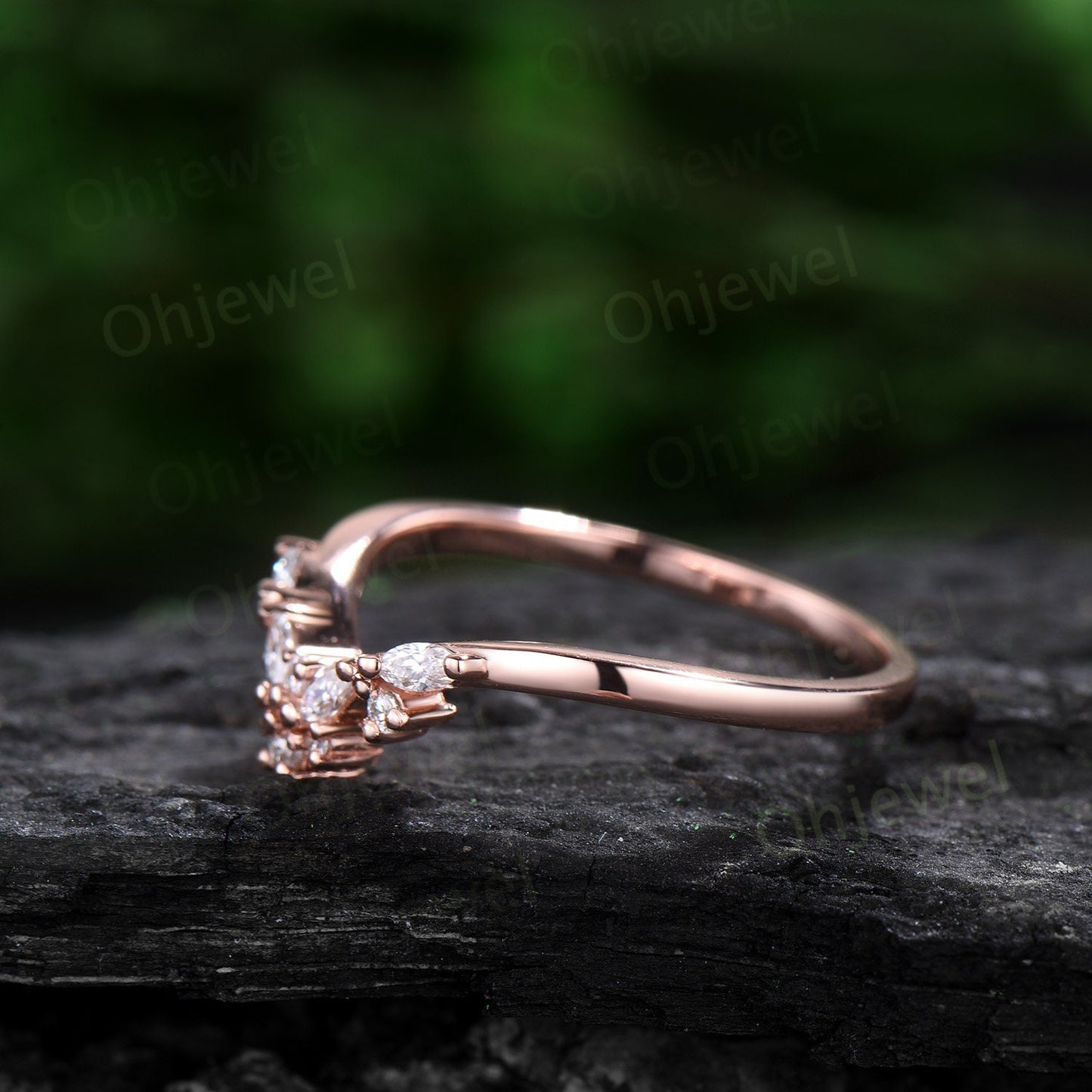 Cluster Alexandrite wedding band solid 14k rose gold moonstone moissanite wedding ring band marquise June birthstone ring Personalized gift