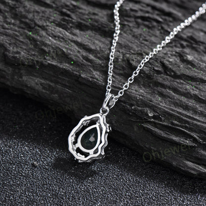 Pear cut Alexandrite necklace vintage 14k white gold halo leaf vine branch art deco diamond June birthstone Pendant women anniversary gift