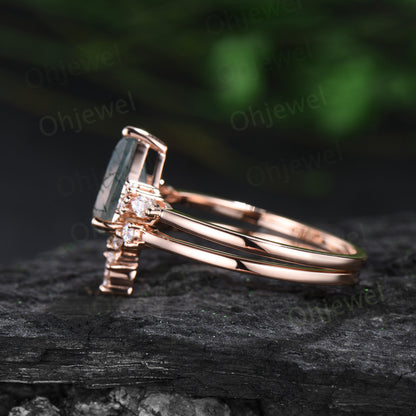 8x10mm pear emerald engagement ring marquise alexandrite ring rose gold art deco diamond bridal ring set women green gemstone ring jewelry