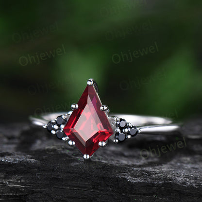 Unique kite cut red ruby engagement ring solid 14k white gold black spinel moissanite promise anniversary ring women her Personalized gift