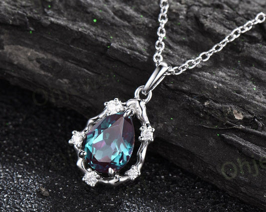 Pear cut Alexandrite necklace vintage 14k white gold halo leaf vine branch art deco diamond June birthstone Pendant women anniversary gift