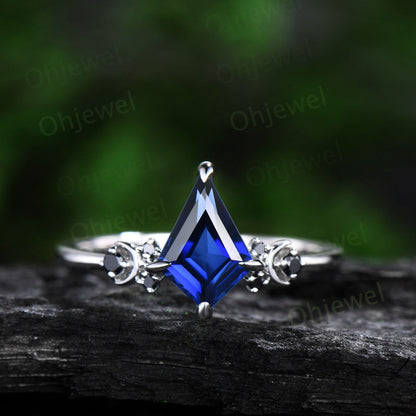 Moon black diamond kite blue sapphire engagement ring set solid 14k white gold retro bridal set unique wedding ring set women blue gemstone